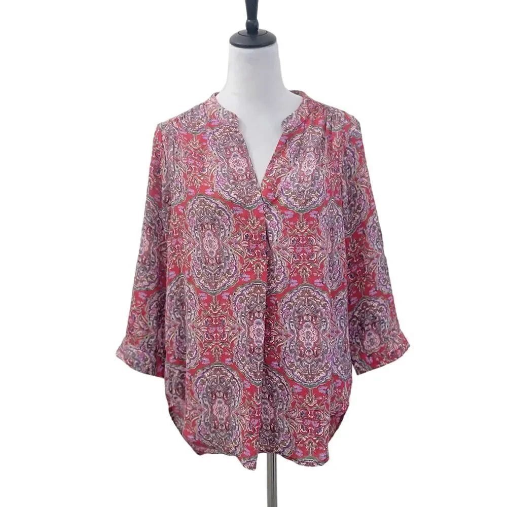 Antilia Femme Paisley Boho Blouse Red Lightweight Smoke V Neck Size L